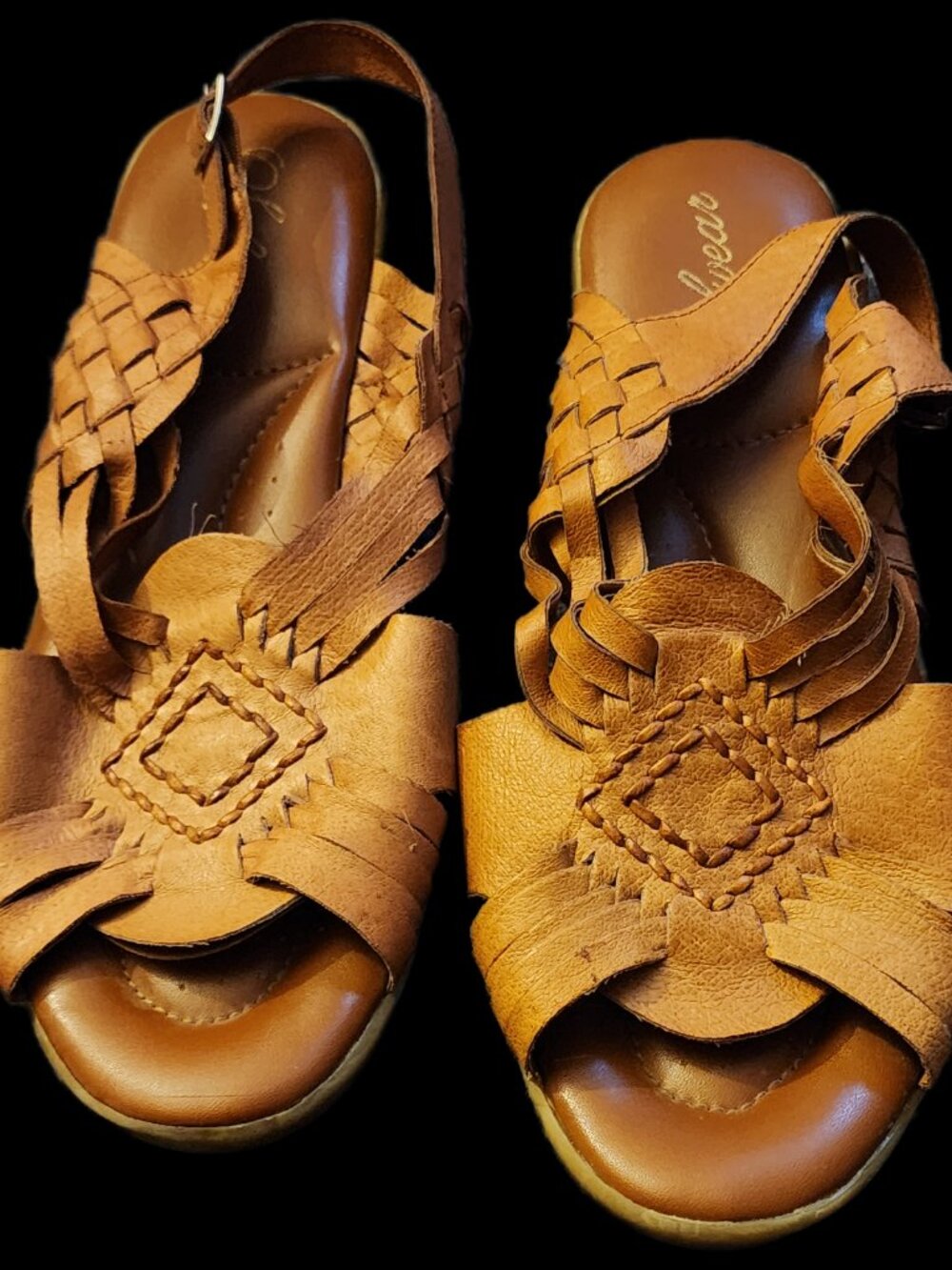 Sofwear Vintage Woven Tan Leather Gladiator Sandals Chunky Heel Boho Size 10